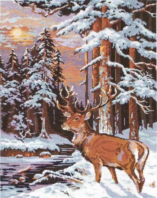 Серия "Зимний пейзаж" - пейзаж, олени, зима, животные, река - оригинал
