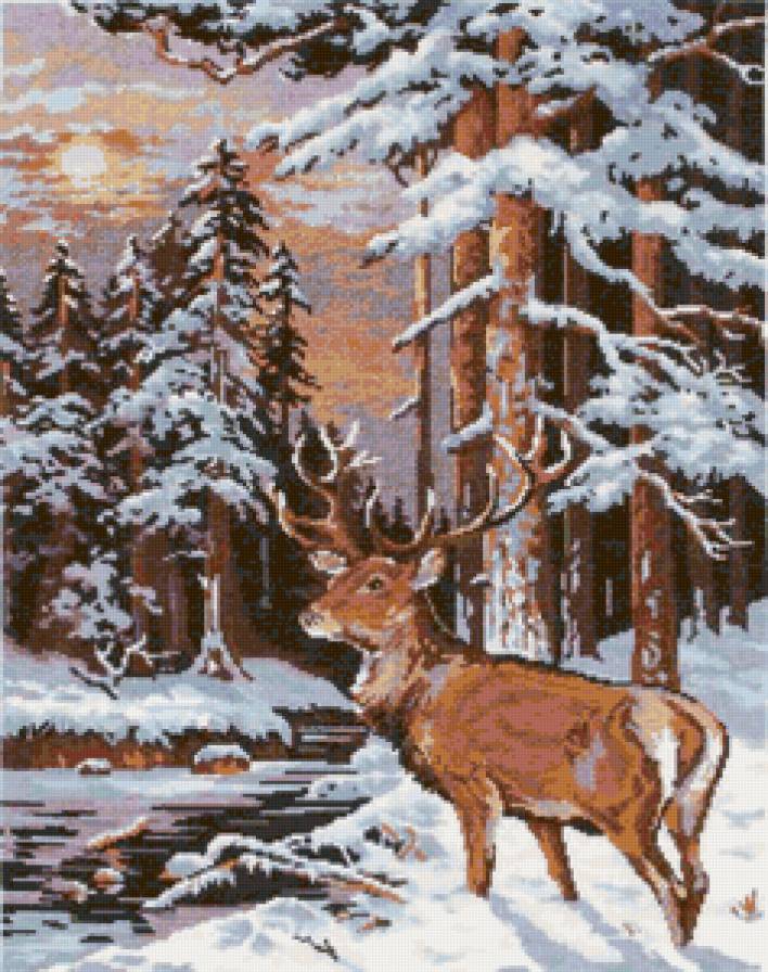 Серия "Зимний пейзаж" - пейзаж, зима, животные, река, олени - предпросмотр