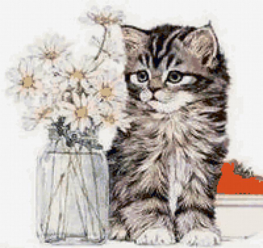 котенок и ромашки - животные, цветы - предпросмотр