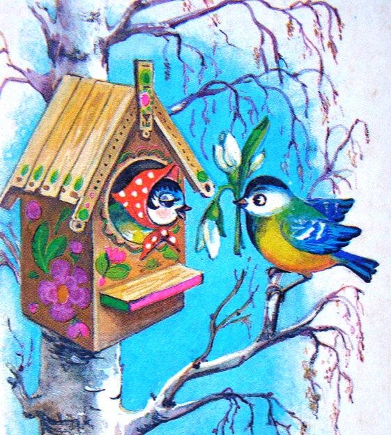 Птичкины ухаживания - птица, птенчики, цветы, открытки, птицы, детские сюжеты, весна - оригинал