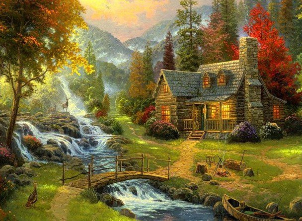 Райский уголок - лес, дом, река, мост, природа, пейзаж, картина - оригинал