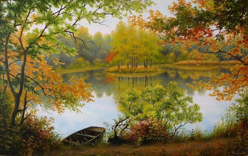 Осенний пейзаж - лес, осень, картина, пейзаж, река, природа - оригинал