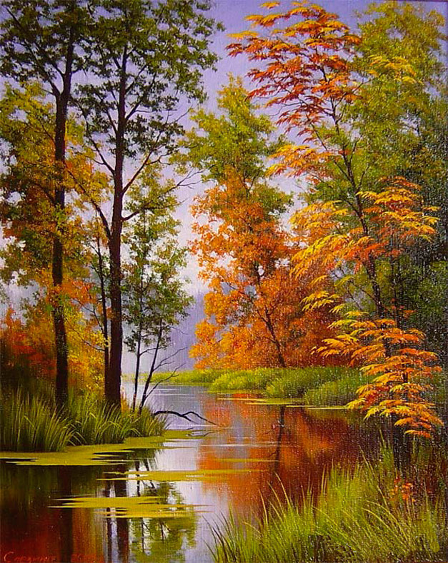 Осенний пейзаж - осень, природа, пейзаж, картина, река, лес - оригинал