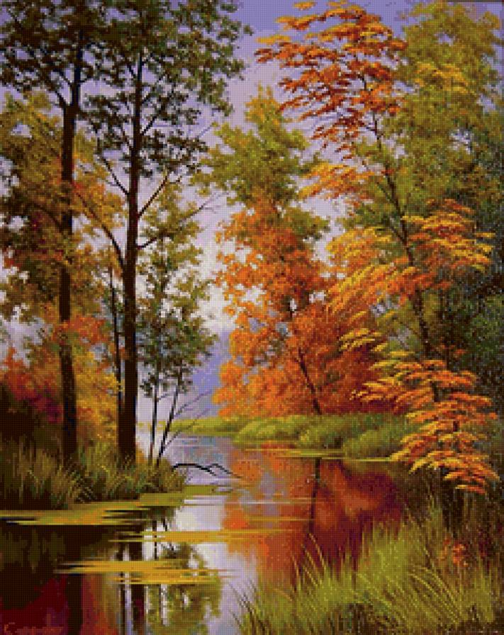 Осенний пейзаж - осень, природа, река, лес, пейзаж, картина - предпросмотр