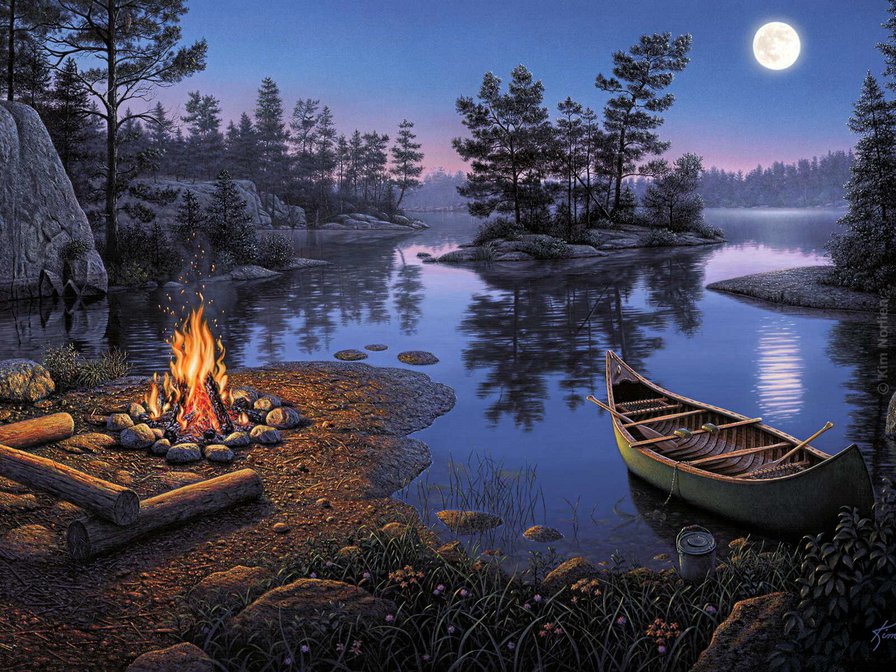 Ночью у костра - лодка, костер, картина, ночь, река, огонь, пейзаж, природа - оригинал