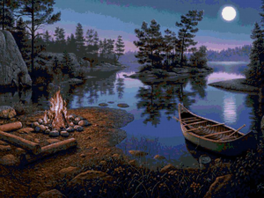 Ночью у костра - ночь, природа, огонь, картина, река, пейзаж, костер, лодка - предпросмотр