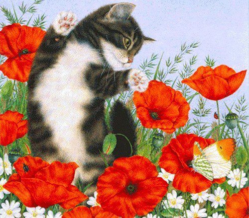 Котенок и бабочка - коты, животные, живопись, цветы - оригинал