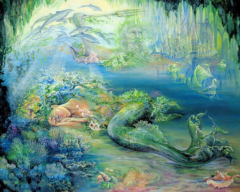 Картины Жозефины Уолл - дворец, море, тритон, русалка - оригинал