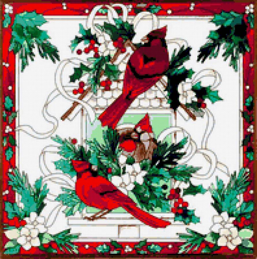 Рождественская картина - кардиналы, птица, рождество, птицы, праздник, новый год - предпросмотр