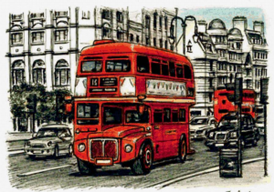 Лондон - живопись, автобус, город, пейзаж - предпросмотр