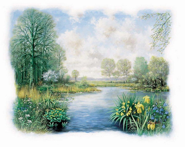 Весна - река, живопись, цветы, пейзаж - оригинал