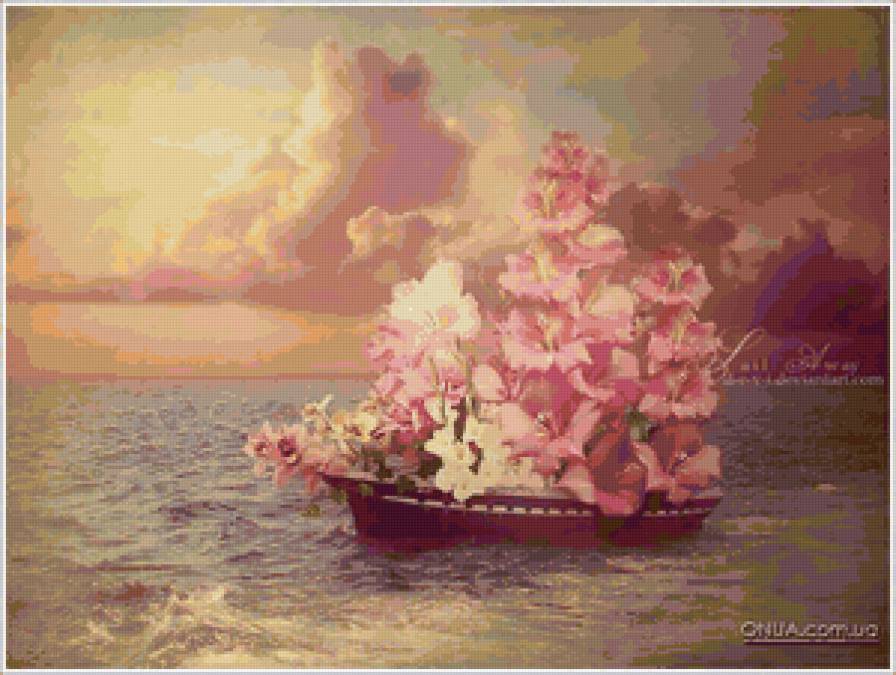 кораблик - вода, небо, природа, корабль, гладиолусы, цветы, пейзаж, море - предпросмотр
