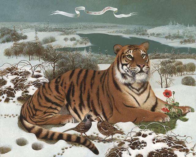 Тигр - пейзаж, птицы, животные, живопись, цветы - оригинал
