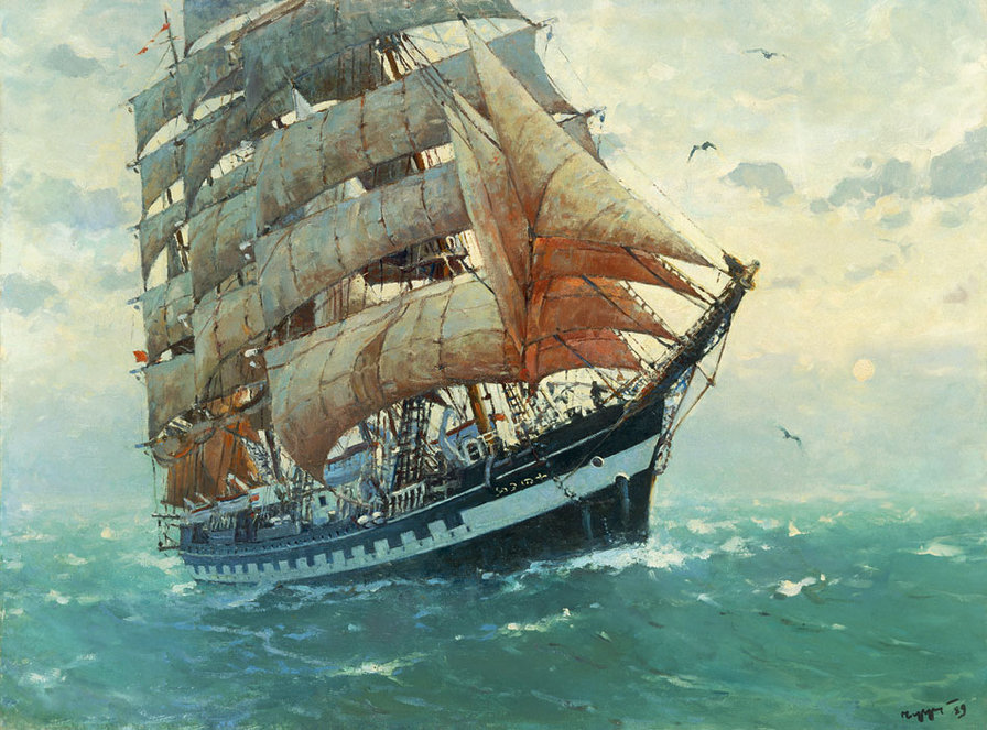Полным ветром.Барк "Крузенштерн" - живопись, корабль, картина, море, пейзаж, природа - оригинал