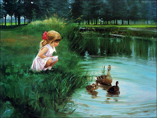 девочка на пруду - дети, природа - оригинал