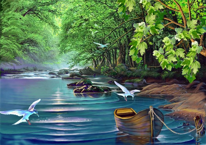 Пейзаж - река, пейзаж, птицы, живопись - оригинал