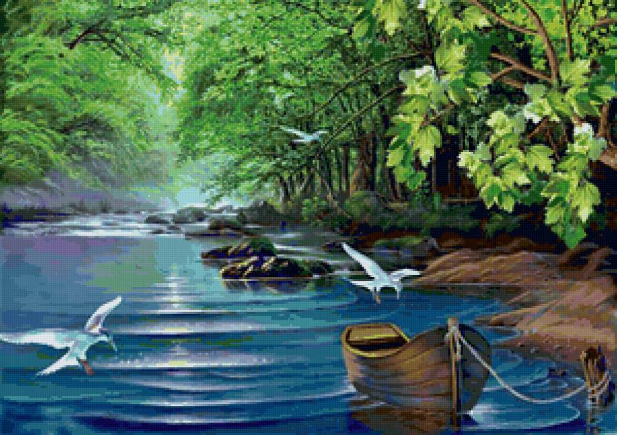 Пейзаж - река, живопись, пейзаж, птицы - предпросмотр