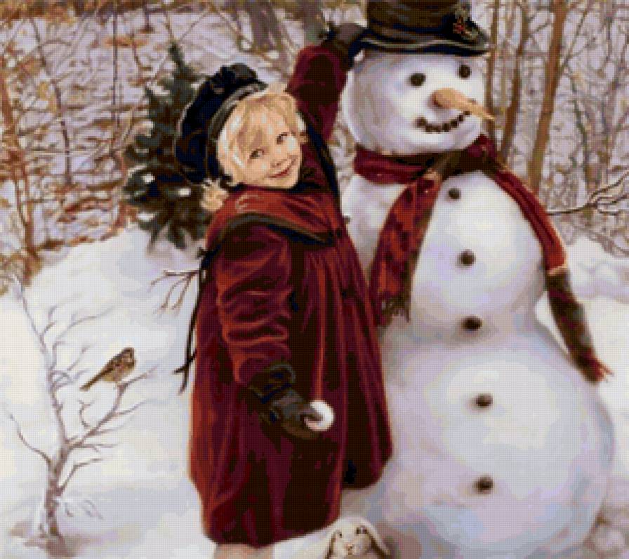 девочка и снеговик - девочка, снеговик, дети, зима - предпросмотр