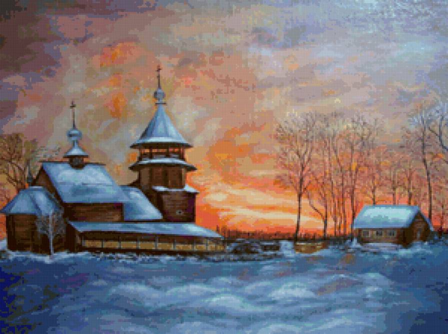 Закат - храм, зима, церковь, пейзаж, закат - предпросмотр