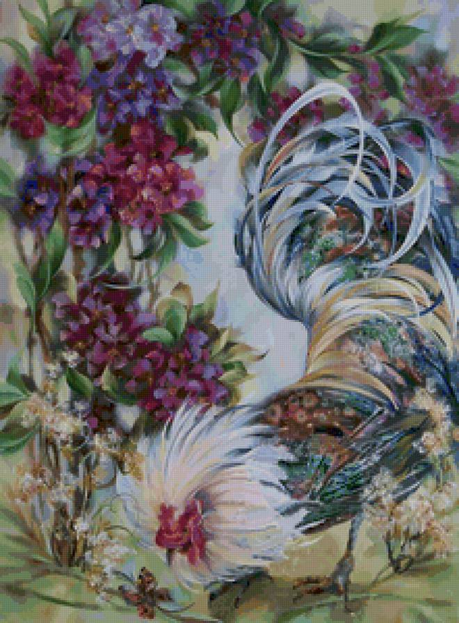 Цветочный петух - картина, животные, петух, природа, живопись, птицы, цветы - предпросмотр