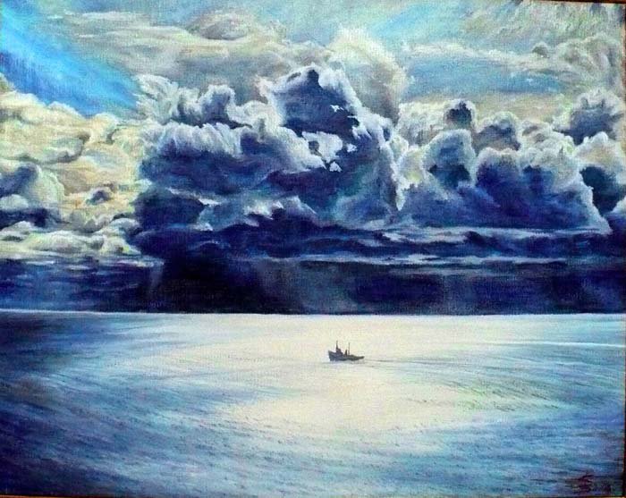 Море и небо - корабль, море, ночь, небо, пейзаж - оригинал