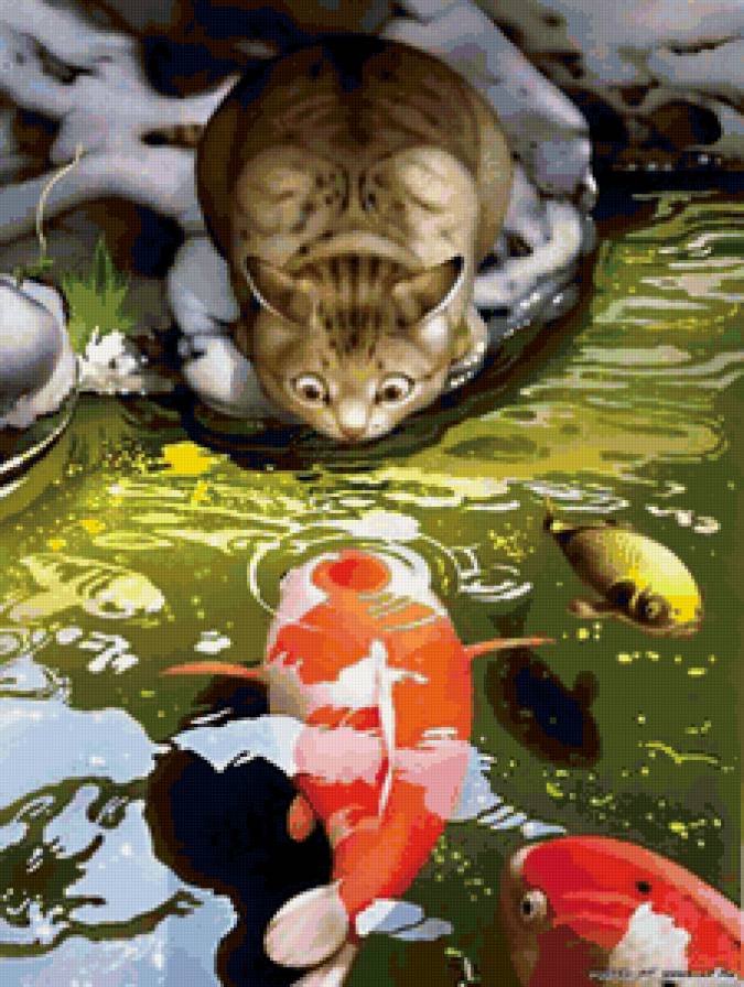 Кот и рыбки - живопись, рыбы, животные, коты - предпросмотр