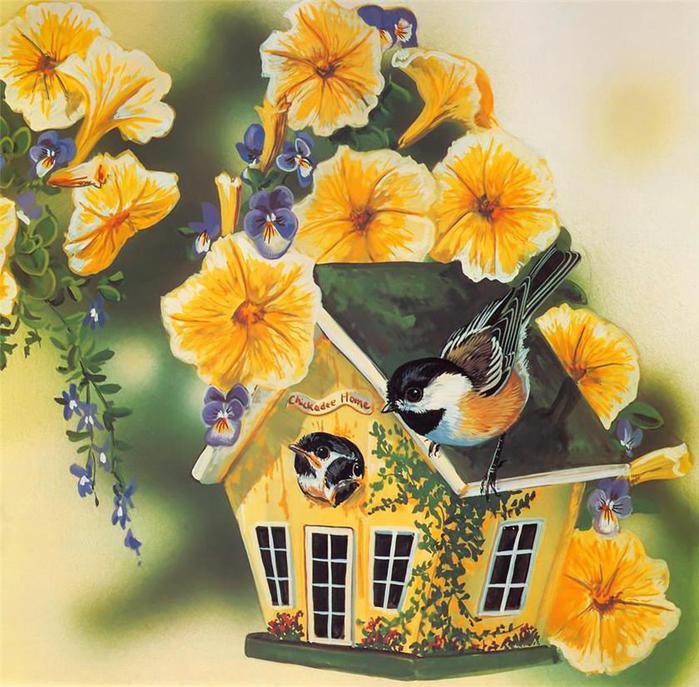 домик в цветах - живопись, лето, птицы, домик, красота, цветы, картина, природа - оригинал