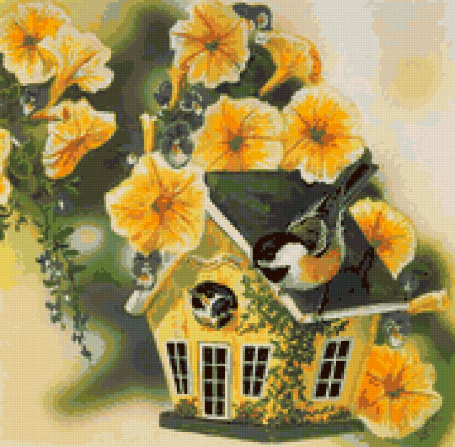 домик в цветах - картина, птицы, лето, домик, красота, природа, живопись, цветы - предпросмотр