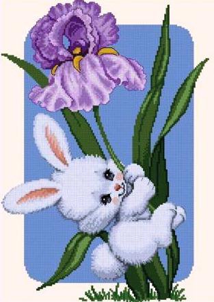 Зайчонок и ирис - зайчонок, весенние цветы, цветы, ирисы, зайка, ирис, зайчик - оригинал