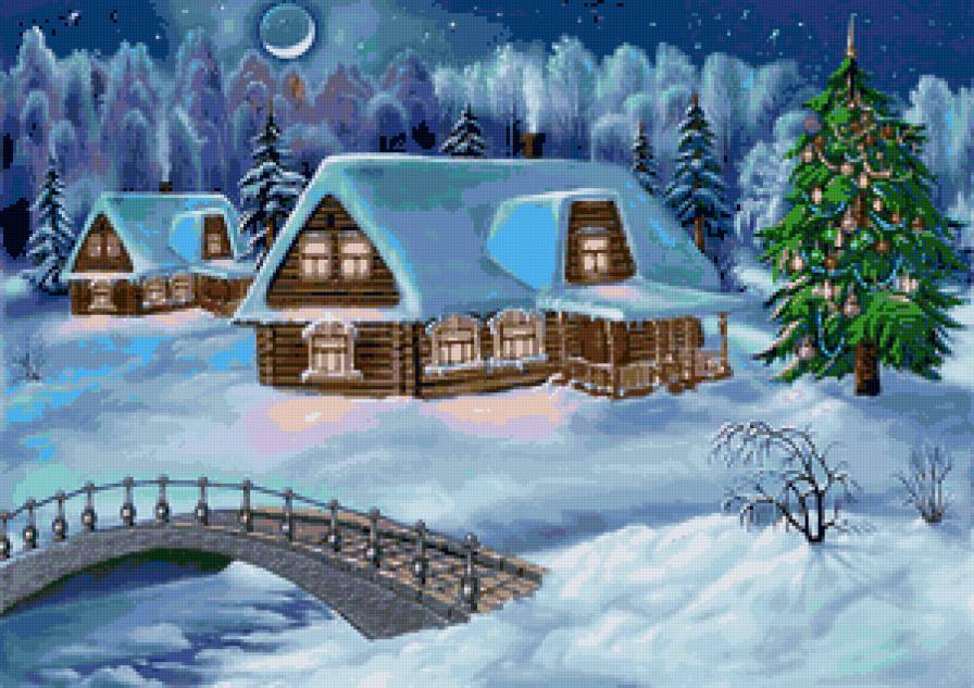 Зимний пейзаж - елка, красота, домик, пейзаж, зима - предпросмотр