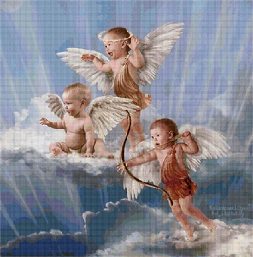 Ангелочки - живопись, ангелы, облака, дети - предпросмотр