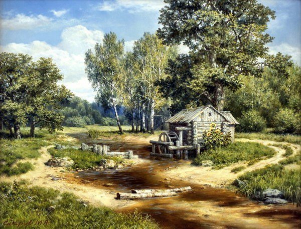 Сатаров, пейзаж - пейзаж, картина художника сатарова, лес, река - оригинал