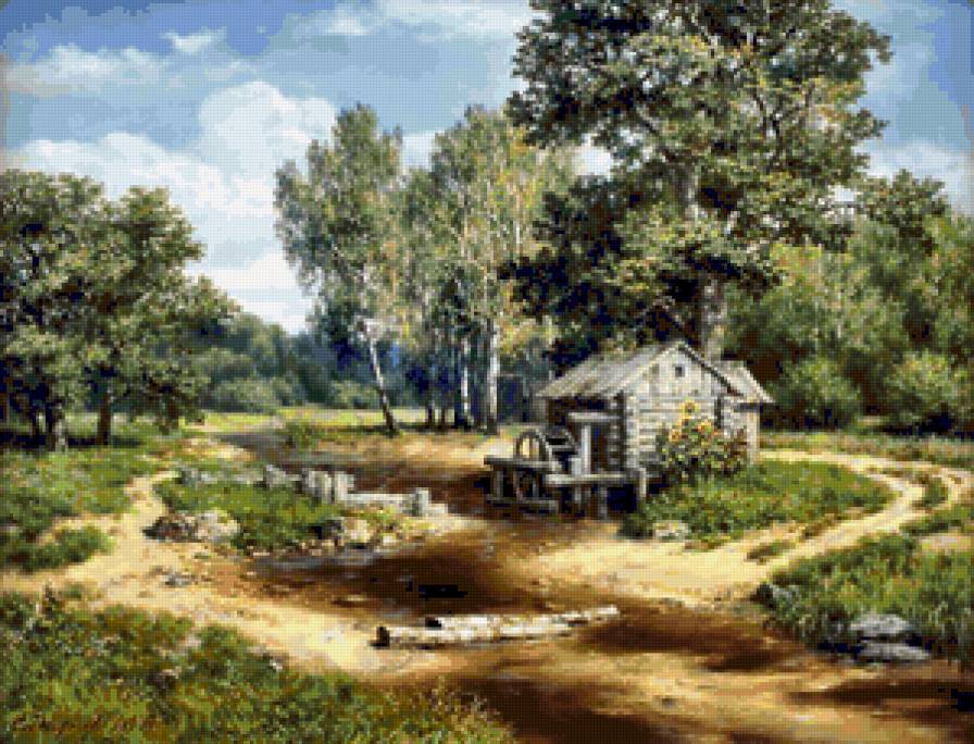 Сатаров, пейзаж - картина художника сатарова, лес, пейзаж, река - предпросмотр