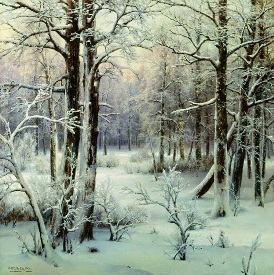 Иней - картина, лес, деревья, пейзаж, живопись, иней, зима - оригинал