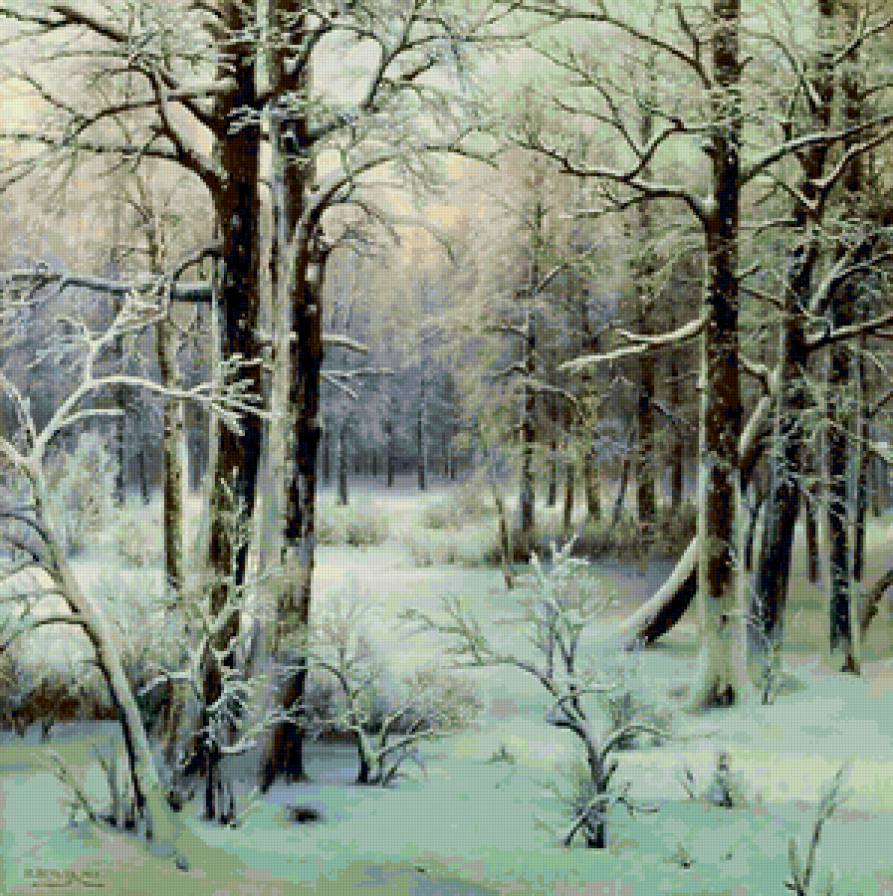 Иней - зима, пейзаж, живопись, иней, деревья, картина, лес - предпросмотр