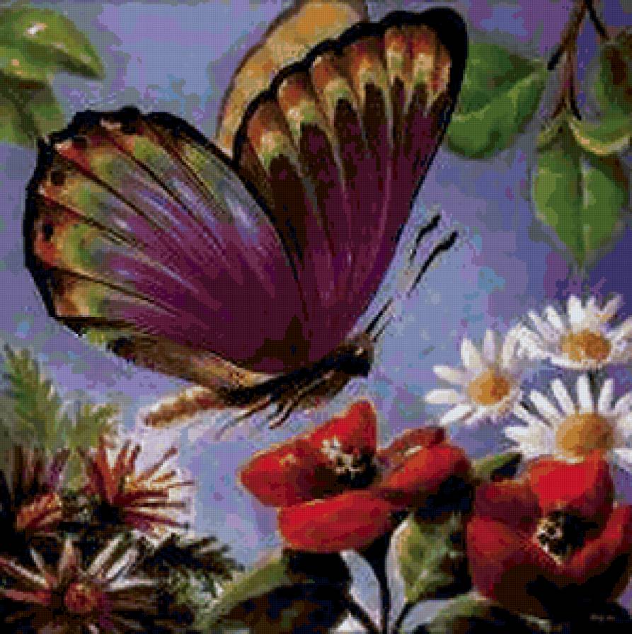 Серия "Бабочки" - бабочки, подушка, маки, букет, цветы - предпросмотр