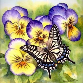 Серия "Бабочки" - цветы, бабочки, виола, анютины глазки, фиалки - оригинал