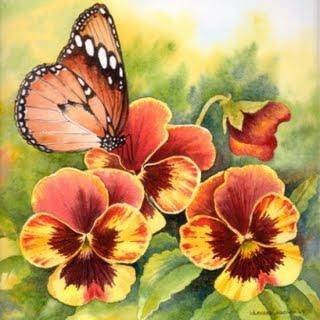 Серия "Бабочки" - бабочки, анютины глазки, цветы, виола, фиалки - оригинал