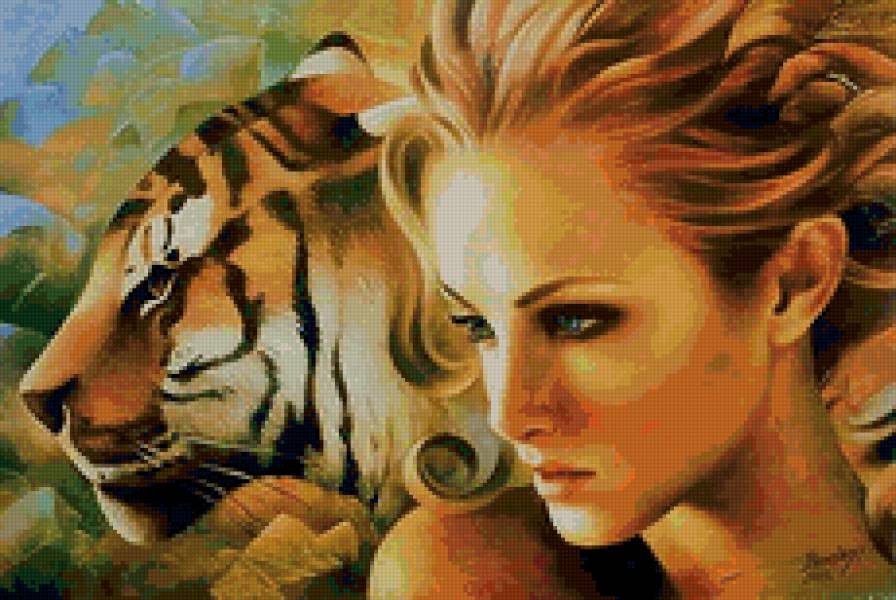 №22989 - животные, лицо, тигр, девушка, хищник, люди - предпросмотр