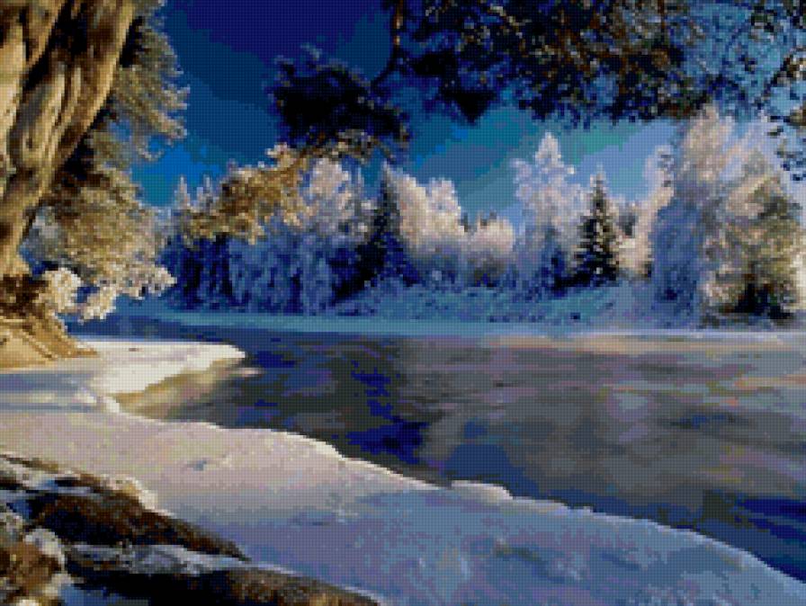 Зимняя река - река, вода, зима, деревья, растения, снег, природа - предпросмотр