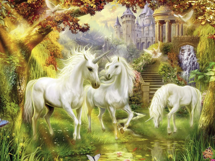 Единороги - природа, замок, лошадь, фэнтези, миф, животные - оригинал