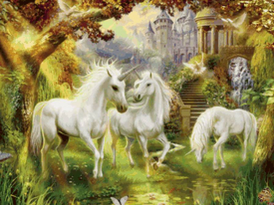 Единороги - миф, лошадь, замок, фэнтези, природа, животные - предпросмотр