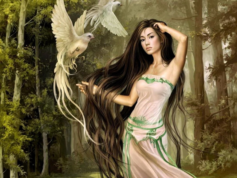 Лесная нимфа - девушка, природа, фэнтези, люди, деревья, птицы - оригинал