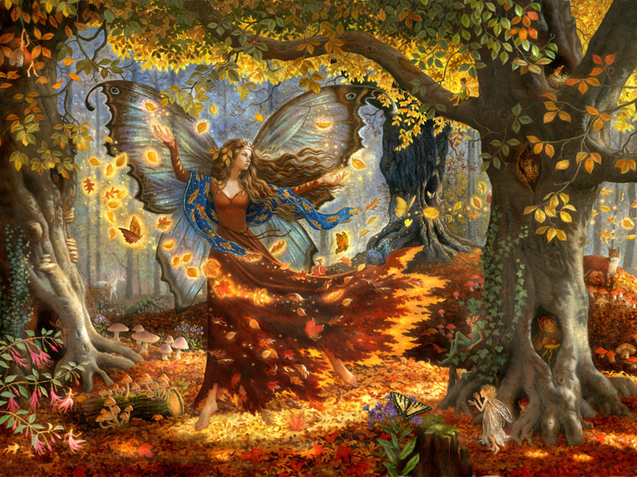 Осенняя фея - девушка, деревья, природа, сказка, фэнтези, бабочка, люди - оригинал