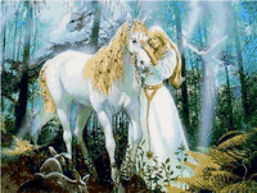 белый конь - девушка, поле, конь - предпросмотр