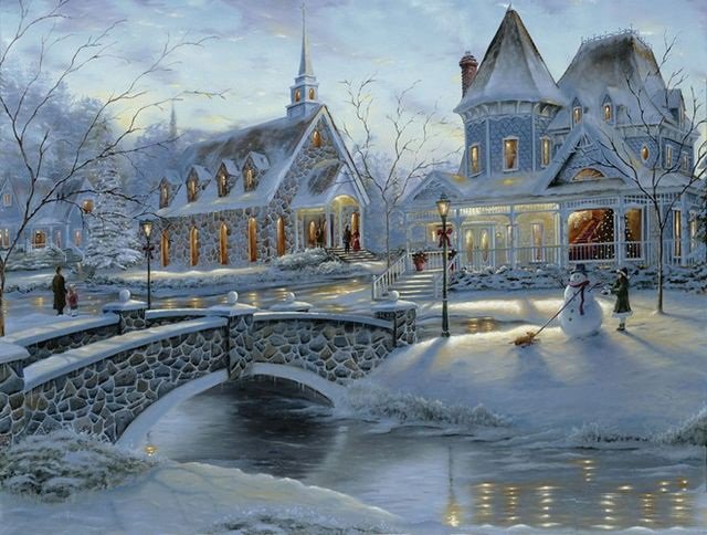 Сказочный городок - снеговик, зимний пейзаж, особняк, мостик, вечер, речка - оригинал