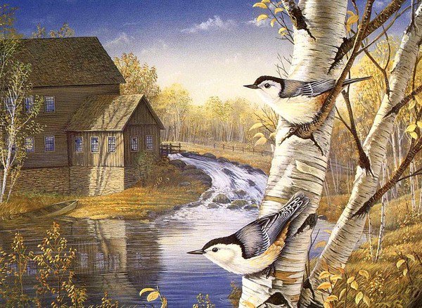 Пейзаж - река, дом, птицы, пейзаж, живопись - оригинал