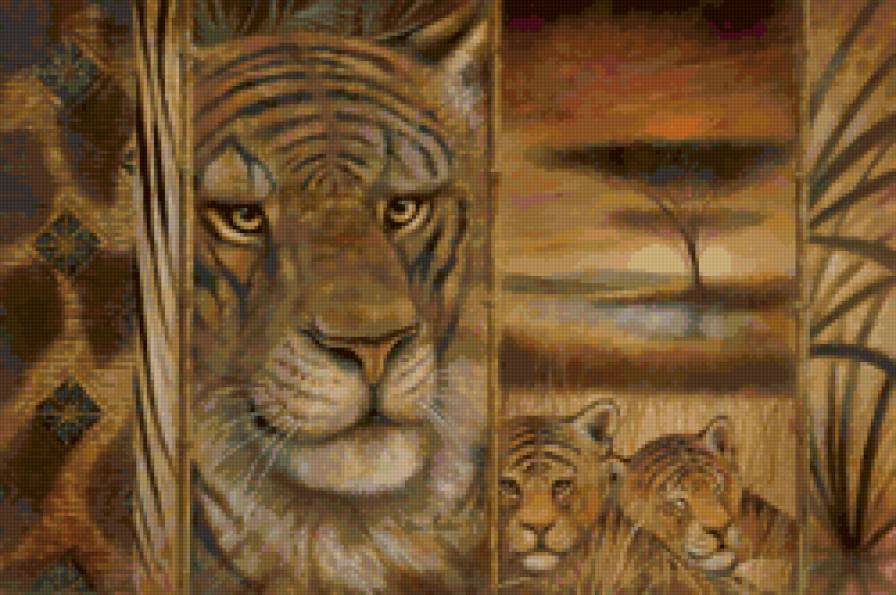 Тигры - живопись, тигры, животные, пейзаж - предпросмотр