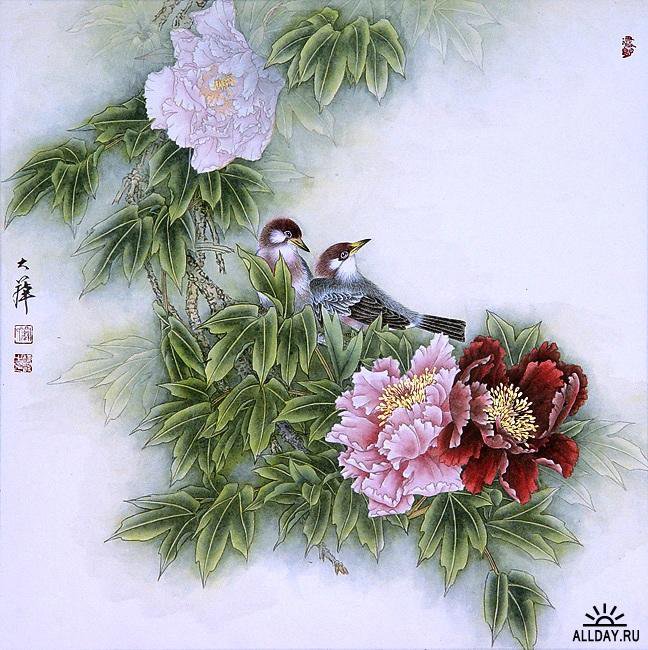 Китайские мотивы, птицы - цветы, птицы, китай, пейзажи - оригинал