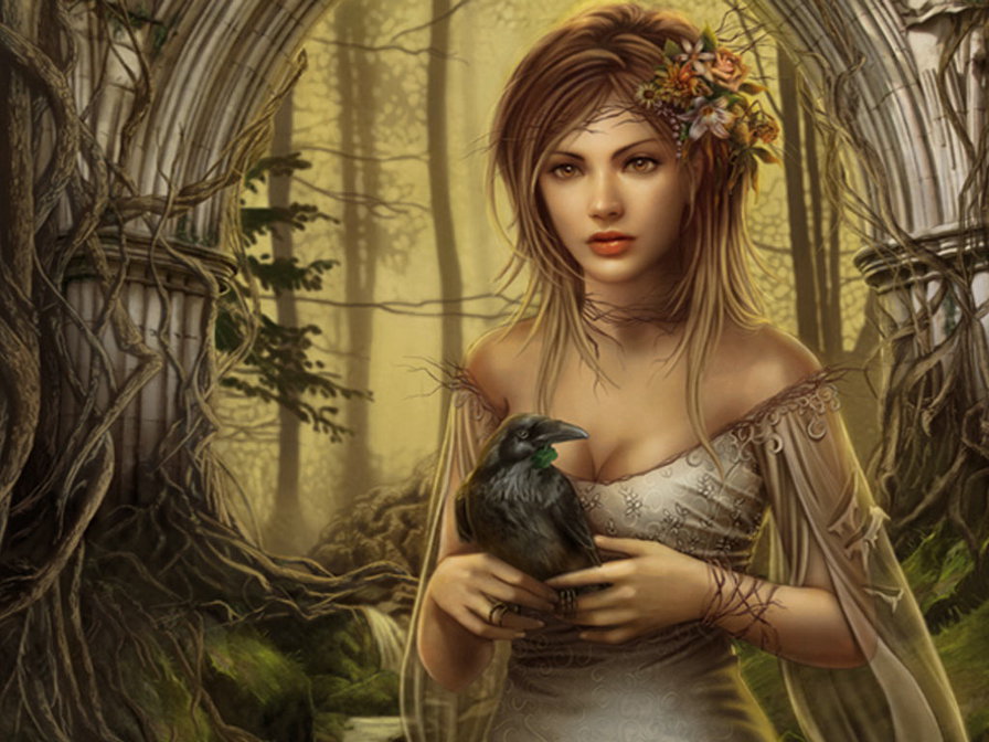Девушка и ворон - девушка, природа, деревья, птицы, люди - оригинал